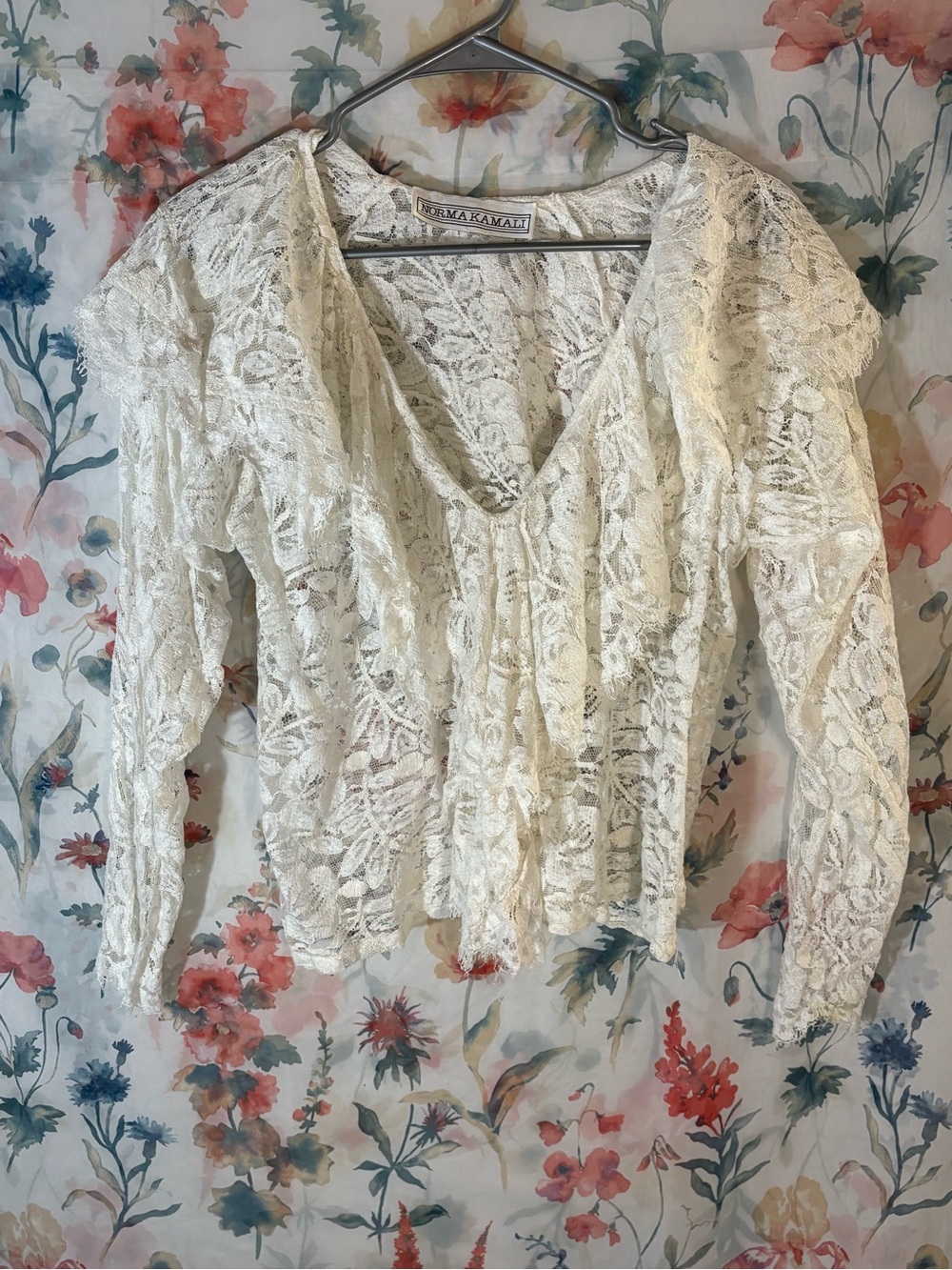 Vintage Norma Kamali Ivory Lace V-Neck Long Sleeve Top